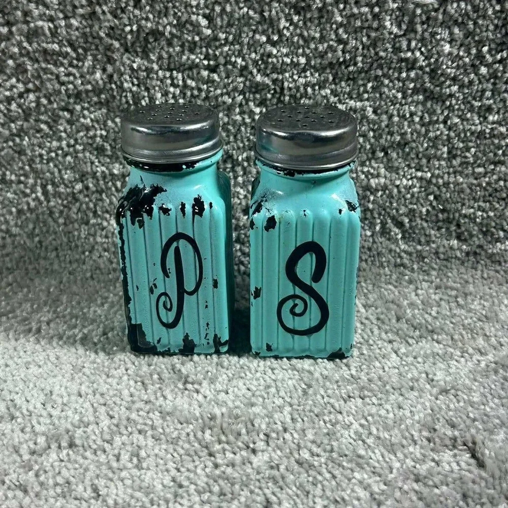 Turquoise Blue Distressed Salt Pepper Shaker Set Farmhouse Kitchen